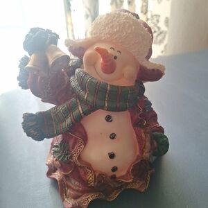 2002 Festive Snowman Figurine with Red Coat and Gold Bells 8 Inches Tall